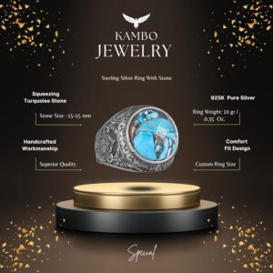 Gerçek Doğal Turkuaz Taşlı, Ayrıntılı Çiçek Tasarımlı Gümüş Erkek Yüzük - Görsel 2