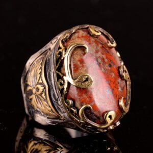 925 Ayar Gümüş Erkek Yüzük - Doğal Kan Taşı Osmanlı Etkili Tasarım - Görsel 3