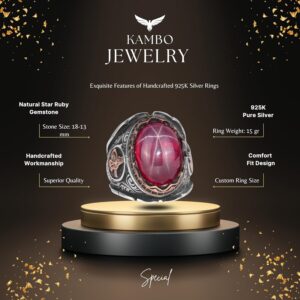 925 Ayar Gümüş Erkek Yüzük, El Yapımı Doğal Star Ruby Taşlı Yüzük, Osmanlı Tuğra Gümüş Yüzük - Görsel 2