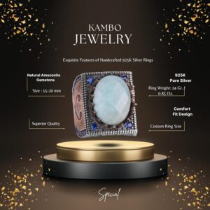 Gerçek Doğal Amazonit Taş Yüzük - 925 Ayar Gümüş İslami Yüzük - El Yapımı Hat Yüzük - Görsel 2