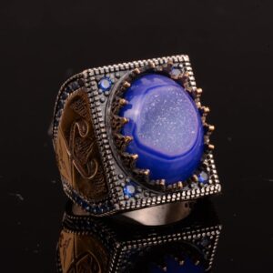 Gerçek Doğal Mavi Druzy Kuvars Taşı Erkek Yüzük, Erkekler İçin Doğum Taşı Yüzüğü, 925 Ayar Gümüş Yüzük - Görsel 4