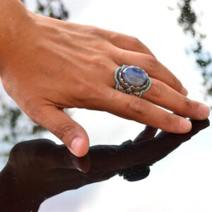 El Yapımı 925 Ayar Gümüş Erkek Yüzük - Doğal Taşlı (Kyanit) Orta Doğu Tasarımı - Görsel 5