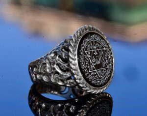 Gümüş Erkek Yüzük, Doğal Siyah Onyks Taşı, Kral Süleyman Mührü Yüzüğü, El Yapımı Takı - Görsel 4