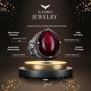 925K Ayar Gümüş El Yapımı Erkek Yüzük - Farklı Doğal Taşlarla Mevcuttur (Cabochon Yakut) - Görsel 7