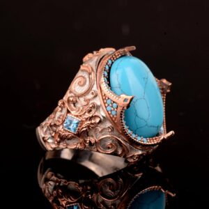 925 Ayar Gümüş Erkek Yüzük, Yapay Turkuaz Taş Yüzük - Görsel 5