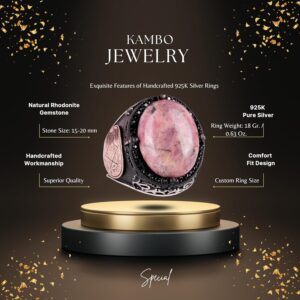 Gerçek Doğal Rodonit Taş Yüzük, Gümüş Süleyman Mühürü Yüzüğü, 925 Ayar Katı Gümüş Erkek Yüzüğü - Görsel 2