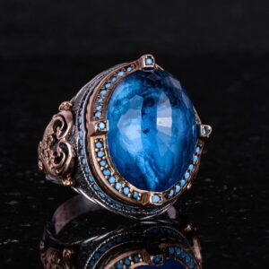 925 Ayar Gümüş Erkek Yüzük, Yapay Akuamarin Taşı, El Yapımı Vintage Tasarım İfadesi Yüzük - Görsel 5