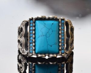 El Yapımı Vintage Turkuaz Yüzük - 925 Ayar Gümüş, Şık Süslü Tasarım, Dayanıklı, Farklı Takı, Mükemmel Uyum - Görsel 5