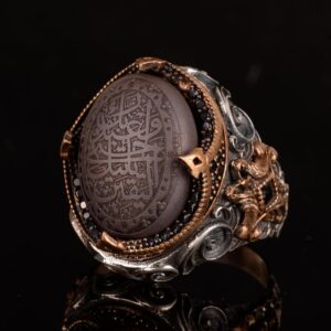 925 Ayar Gümüş Erkek Yüzük – Arapça Hat Sanatlı Dualı Kahverengi Doğal Taşlı Otantik Model - Görsel 5