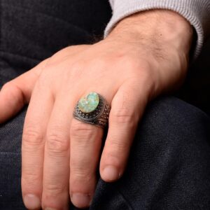 Gerçek Arizona Turkuaz Taş Yüzük, Erkekler İçin Bizans Yüzüğü, 925 Ayar Gümüş Yüzük - Görsel 7