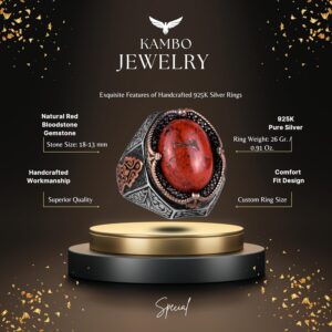 Doğal Kırmızı Kan Taşı Yüzük - 925 Ayar Katı Gümüş Yüzük Erkekler İçin - Görsel 2