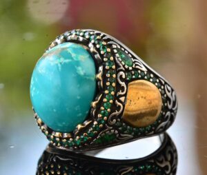 Gerçek Doğal Arizona Turkuaz Taş Yüzük, Minimalist Yüzük, 925 Ayar Gümüş Erkek Yüzük (Model-11) - Görsel 4