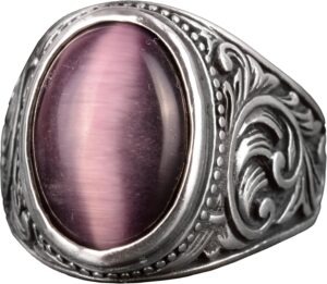 Gerçek Doğal Ametist Kedi Gözlü Taş Yüzük - 925 Ayar Gümüş Erkek Yüzük - Koruyucu ve Sezgisel Tasarım - Görsel 1