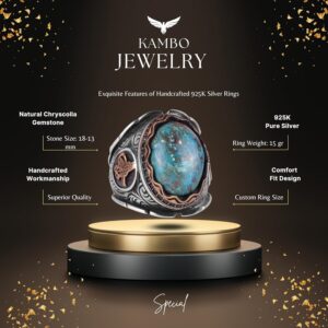 Gerçek Doğal Krysokolla Taşı Yüzük, Osmanlı Tuğra Gümüş Yüzük, 925 Ayar Katı Gümüş Erkek Yüzüğü - Görsel 2