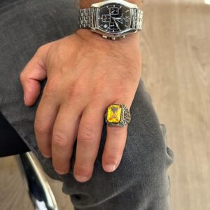 Sterling Gümüş Erkek Yüzük ile Yapay Sitrin Taşı – Vintage Tasarım – El Yapımı İfadesel Yüzük - Görsel 3