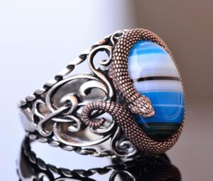 925 Ayar Katı Gümüş Erkek Yüzük, Doğal Taşlarla - El Yapımı Zarafet (Mavi Akik Taşı) - Görsel 4