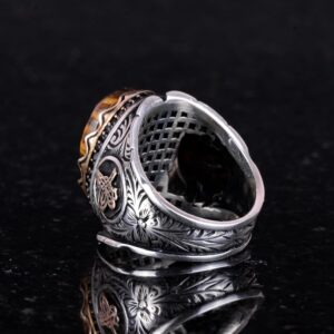Osmanlı Tuğra Gümüş Yüzük, Doğal Taş Yüzük, 925 Ayar Gümüş Erkek Yüzük (Kaplan Göz) - Görsel 6