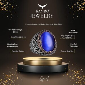 925 Ayar Gümüş Erkek Yüzük - Mavi Kedi Gözü Taş Yüzük - Erkek Yüzüğü - Görsel 2