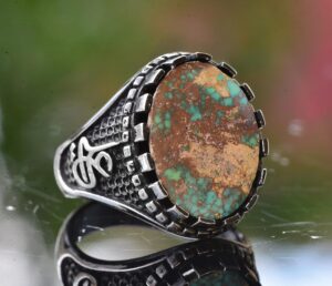 Gerçek Arizona Turkuaz Taşı Yüzük, Ali Yazılı Yüzük, Müslüman Yüzük, 925 Ayar Gümüş Yüzük - Görsel 6