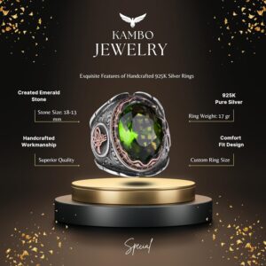 925 Ayar Gümüş Yüzük, Osmanlı Tugra Zümrüt Yapay Taşlı Yüzük - Görsel 2