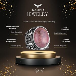 El Yapımı Gerçek Doğal Rodonit Pembe Taşı Yüzük, 925 Ayar Gümüş Yüzük, Erkek Yüzüğü - Görsel 2