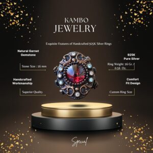 Gerçek Doğal Granat Taşı Antika Yüzük - 925 Ayar Gümüş Unisex Kral Yüzük - Görsel 2