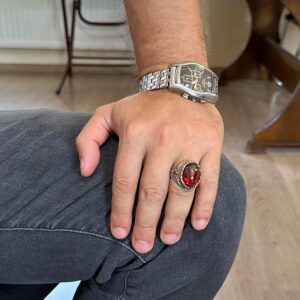 Yapay Taş Yüzük - El Yapımı Erkek Yüzüğü - Şık 925 Ayar Gümüş Erkek Takısı (Yapılmış Cabochon Garnet) - Görsel 3