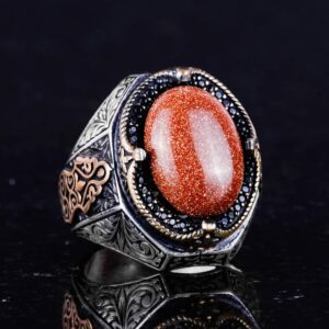 925 Ayar Gümüş Erkek Yüzük, Kahverengi Güneş Taşı Yapay Taş Yüzük, Gümüş Şık Erkek Yüzük - Görsel 6