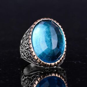 Yapay Taş Yüzük, 925 Ayar Gümüş Erkek Yüzük, Büyük Yüzük (Yapay Akuamarin Taşı) - Görsel 4