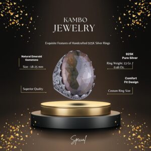 Gerçek Doğal Taş Yüzük - Gül Desenli Yüzük - 925 Ayar Gümüş Yüzük - El Yapımı Büyük Yüzük (Zümrüt) - Görsel 2