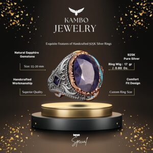 925 Ayar Gümüş Erkek Yüzük, Gerçek Doğal Safir Taşlı Yüzük, El Yapımı Yüzük - Görsel 2