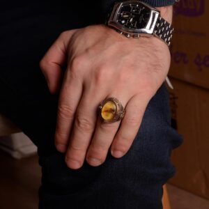 925 Ayar Gümüş Erkek Yüzük, Kehribar Taşlı Yüzük, Gerçek Doğal Kehribar Taşlı Yüzük - Görsel 2