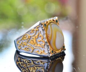 Doğal Sedef Taşlı Erkek Yüzük, El Yapımı Altın Oymalı Tasarım, 925 Ayar Gümüş Yüzük - Görsel 4