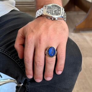 925 Ayar Gümüş Yüzük, Yapay Taş Yüzük, Kartal Sembolü Yüzük, El Yapımı Yüzük (Yapay lacivert paraiba) - Görsel 3