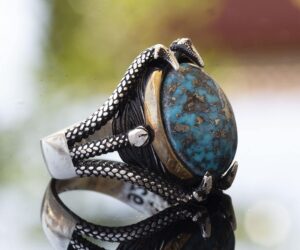 Doğal Arizona Turkuaz Taşlı Pençe Yüzüğü - Gümüş Erkek Yüzüğü - Görsel 4