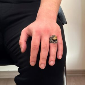 El Yapımı Kaplan Gözlü Doğal Taş Yüzük, 925K Katı Gümüş Erkek Yüzüğü, Cesur Tasarım - Görsel 3
