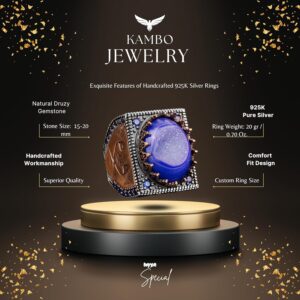 Gerçek Doğal Mavi Druzy Kuvars Taşı Erkek Yüzük, Erkekler İçin Doğum Taşı Yüzüğü, 925 Ayar Gümüş Yüzük - Görsel 2