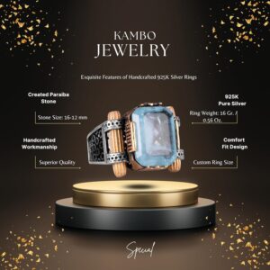 Açık Mavi Yapay Paraiba Taşı Yüzük - 925 Ayar Gümüş El Yapımı Yüzük - Erkek Takısı - Görsel 2