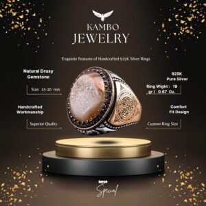 Gerçek Doğal Druzy Kuvars Taşı Yüzük, İslami Yüzük, Sterlin Gümüş Yüzük - Görsel 2