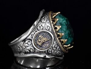 Osmanlı Tugralı Doğal Zümrüt Taşlı Gümüş Yüzük - Görsel 4