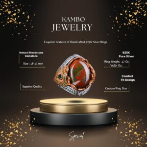 925 Ayar Gümüş Yüzük, Gerçek Doğal Kan Taşı El Yapımı Yüzük, Katı Gümüş Erkek Yüzük - Görsel 2