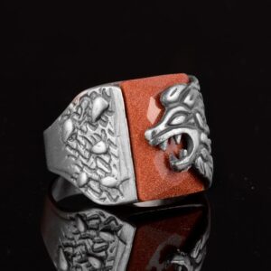 Sterling Gümüş Erkek Aslan Hayvan Yüzüğü - Yapay Goldstone Taşı ile El Yapımı - Görsel 4