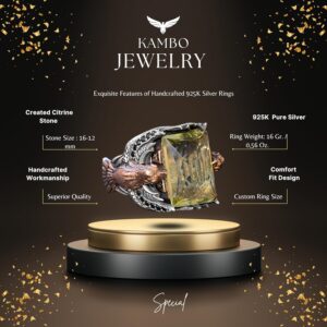 El Yapımı Yapay Citrin Taşlı Yüzük, Kartal Tasarımlı Sterlin Gümüş Erkek Yüzüğü - Neşe ve Refah Sembolü - Görsel 2