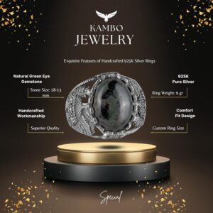 Muslim Yeşil Göz Doğal Taş Yüzük - Canlı 925 Ayar Katı Gümüş Erkek Yüzük - Doğal Vigor Tasarımı - Görsel 2
