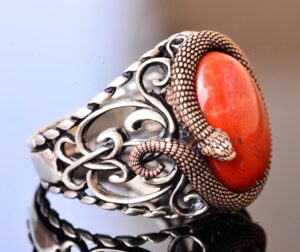 Doğal Kan Taşı Taşlı Yılan Yüzük, El Yapımı Yüzük, Ayar Gümüş Erkek Yüzüğü, Hediye için, Gümüş Aksesuar, Kahverengi - Görsel 4