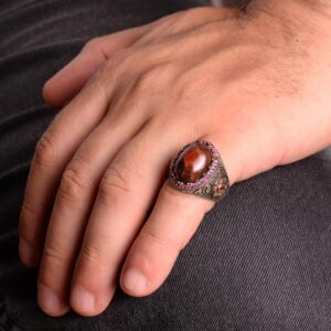 Doğal Gerçek Kan Taşı Taş Yüzük, El Yapımı Yüzük, 925 Ayar Gümüş Erkek Yüzük - Görsel 3