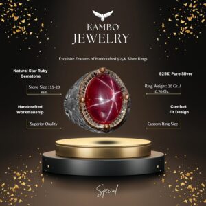 925 Ayar Gümüş Erkek Yüzük – Yıldız Yakut (Star Ruby) Taşlı Özgün El Yapımı Model - Görsel 2