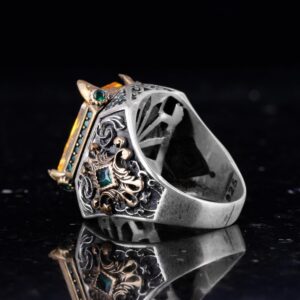 Sterling Gümüş Erkek Yüzük ile Yapay Sitrin Taşı – Vintage Tasarım – El Yapımı İfadesel Yüzük - Görsel 5