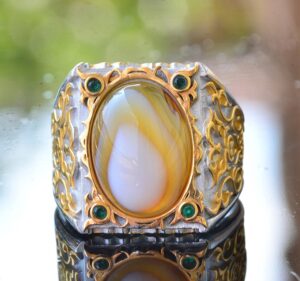 Doğal Sedef Taşlı Erkek Yüzük, El Yapımı Altın Oymalı Tasarım, 925 Ayar Gümüş Yüzük - Görsel 5