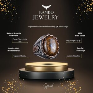 El Yapımı Gerçek Doğal Bronzit Taş Yüzük, 925 Ayar Katı Gümüş Erkek Yüzüğü - Görsel 6